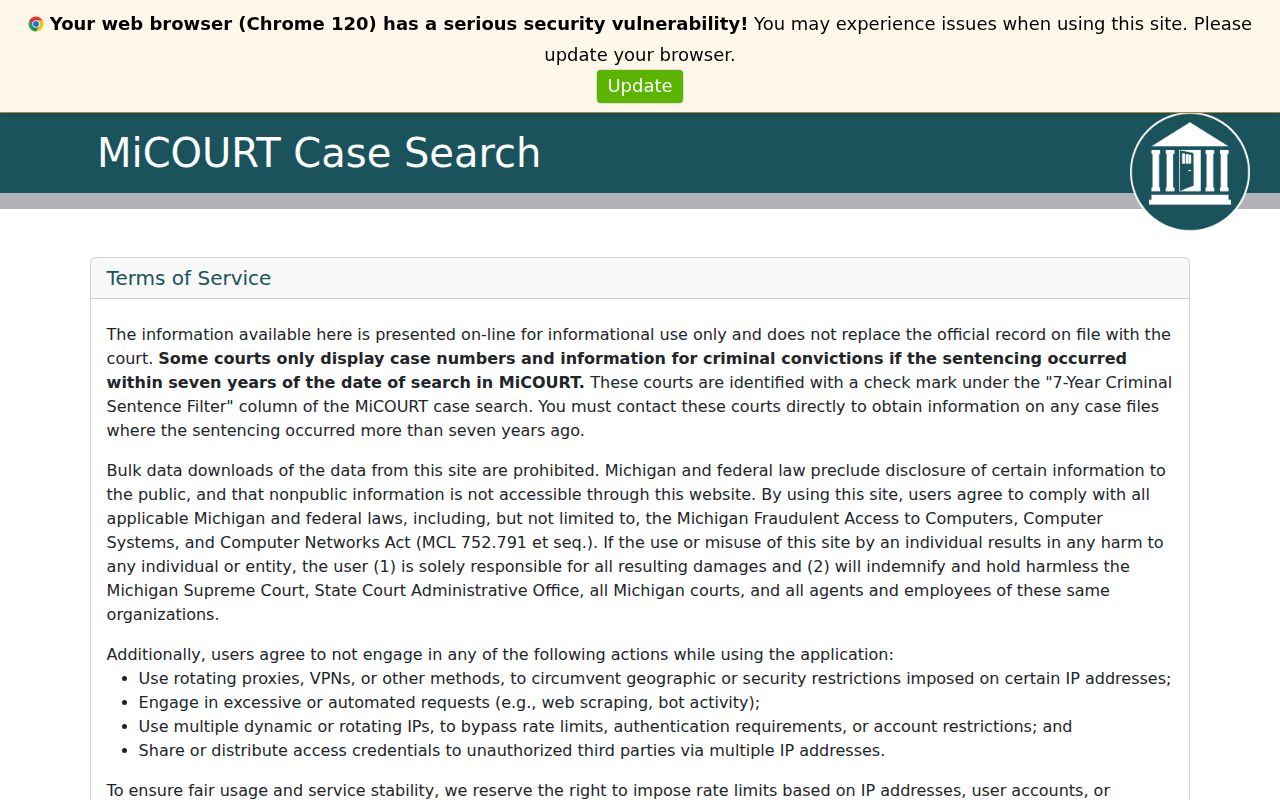 Isabella County statewide court case search public access notice