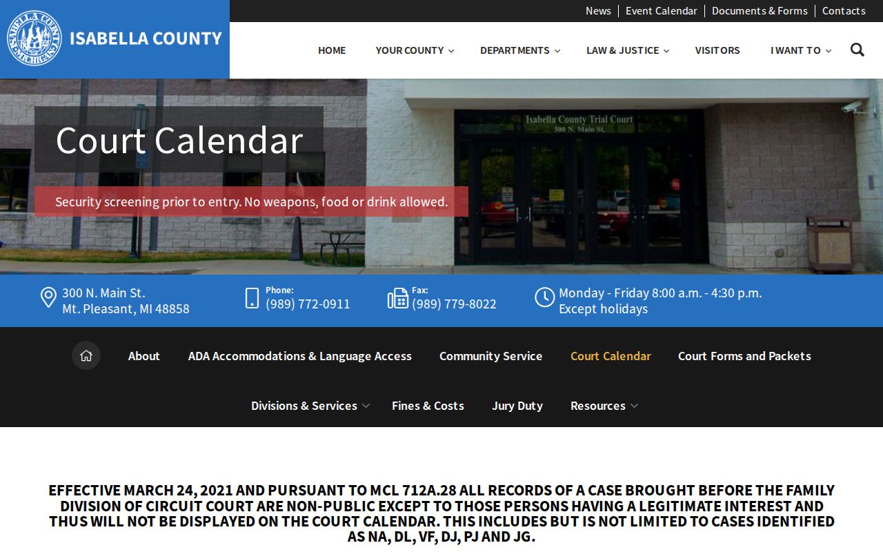 Isabella County court schedule calendar warning source page