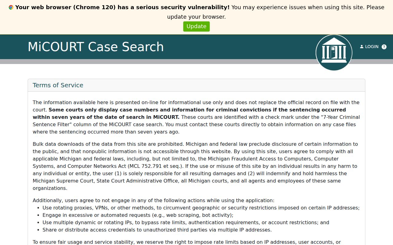 Isabella County criminal docket search screen for 76th District Court